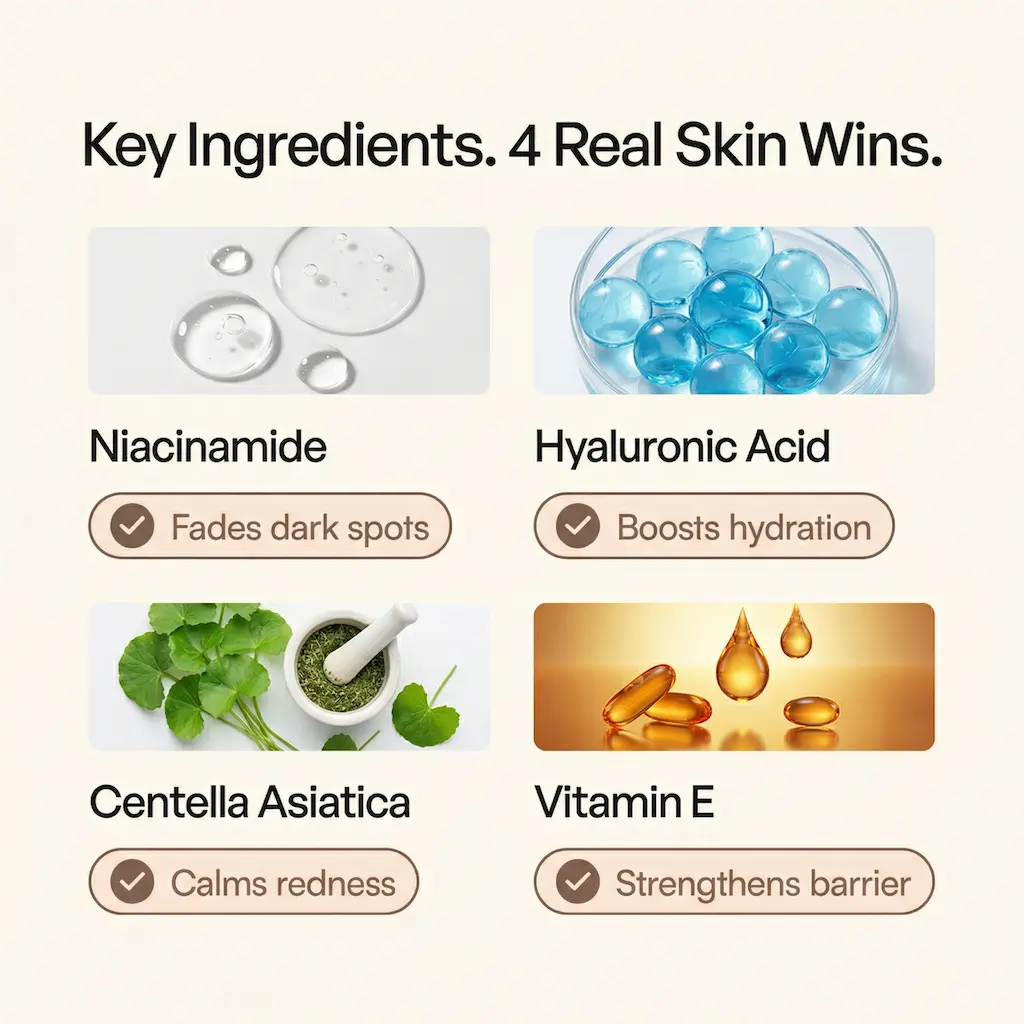 Key Ingredients — Niacinamide, Hyaluronic Acid, Centella Asiatica, Vitamin E